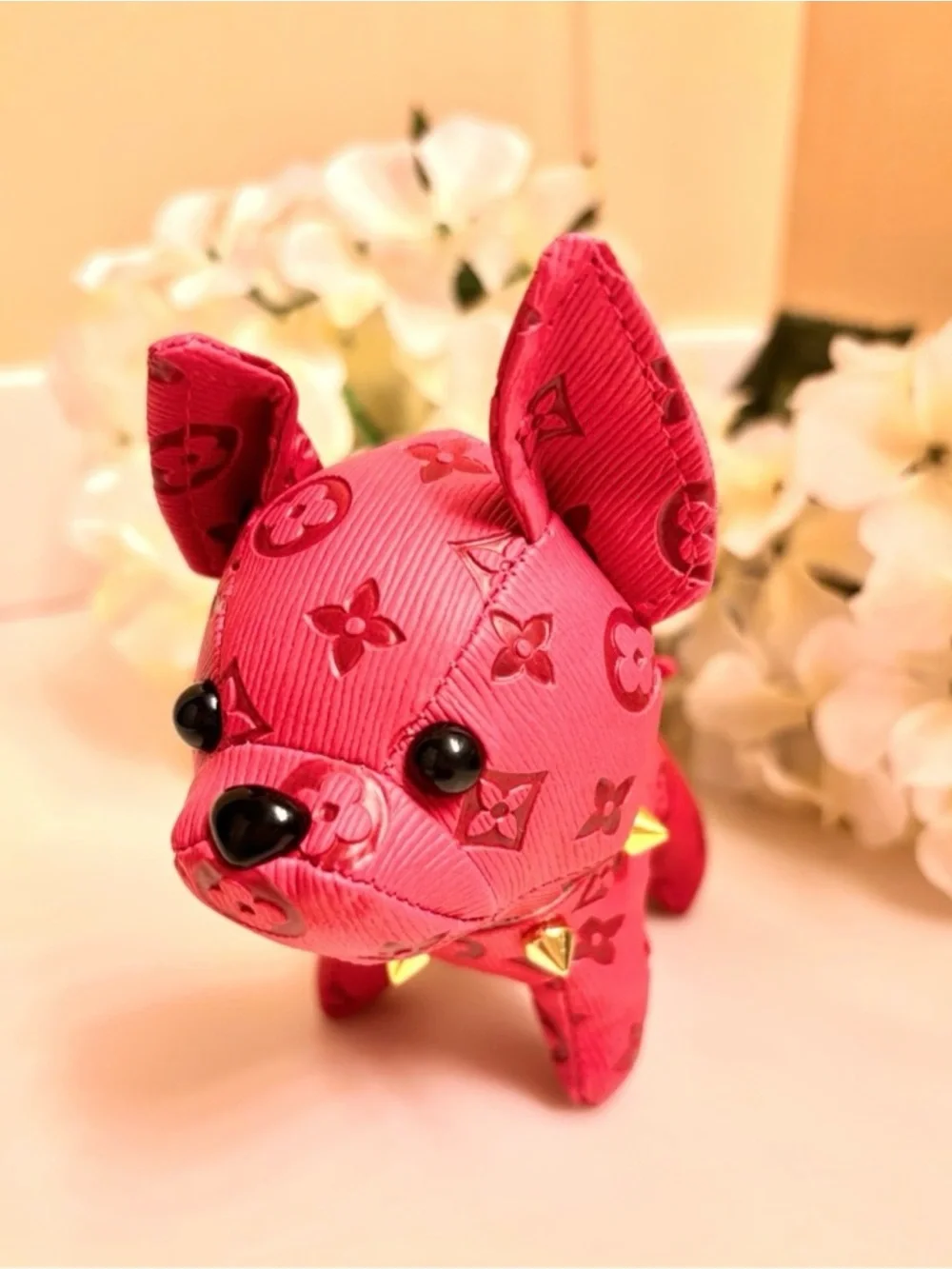 Bagcharm/Keychain adorable Frenchie dogs with spiked collars!  Hot Pink New!